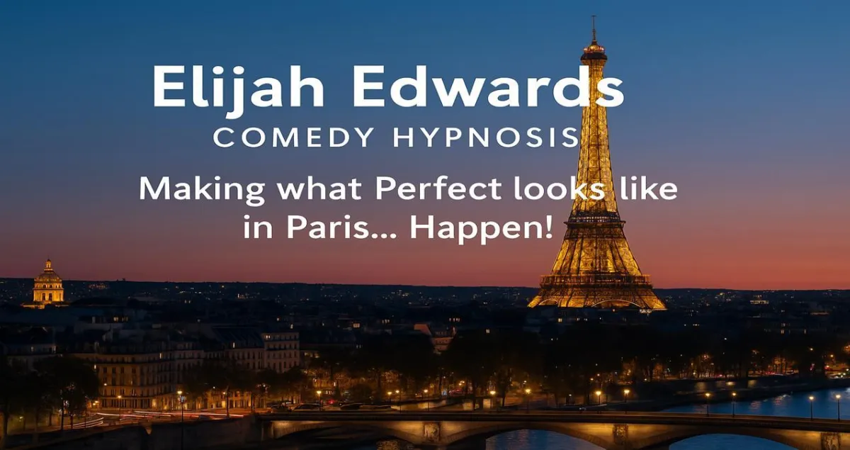 Elijah Edwards performing a viral comedy hypnosis show in a Paris corporate theater setting with a packed crowd.