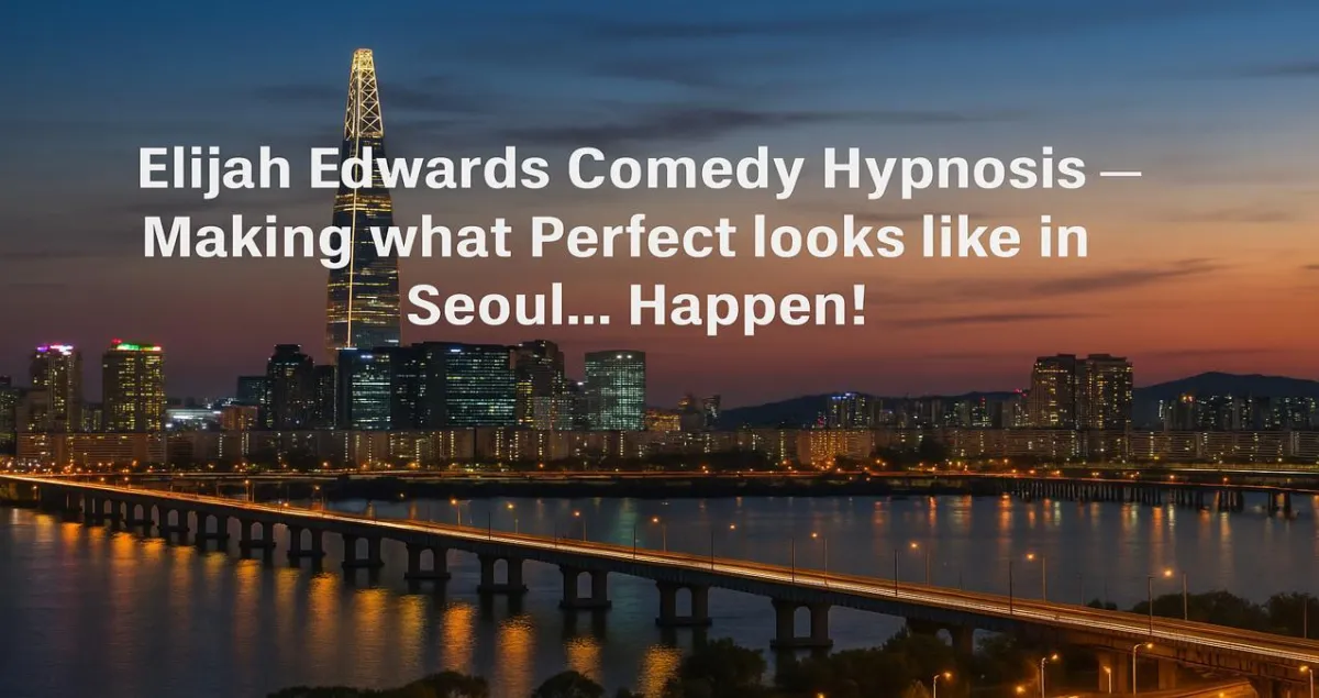 Elijah Edwards captivating a packed Seoul audience during a clean comedy hypnosis show near the Han River skyline.