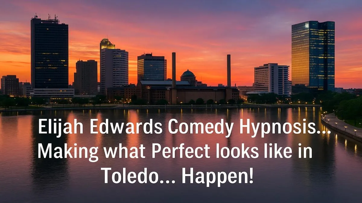 Elijah Edwards performing his hit comedy hypnosis show on stage at a packed Toledo theater event with roaring audience laughter and standing ovation energy