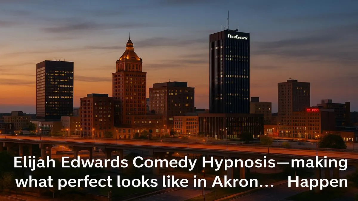 Cleveland skyline with Elijah Edwards comedy hypnotist branding — optimized for local corporate and school event SEO