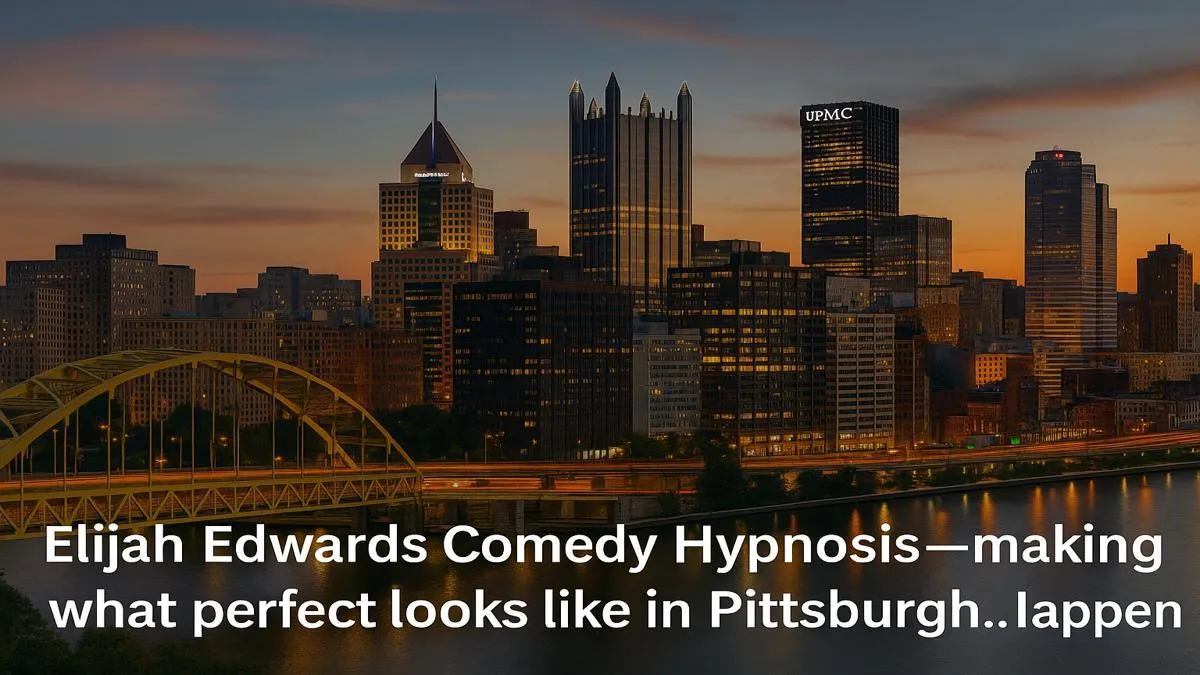 Pittsburgh skyline image with Elijah Edwards comedy hypnotist tagline overlay — optimized for Pennsylvania corporate, school, and college event SEO