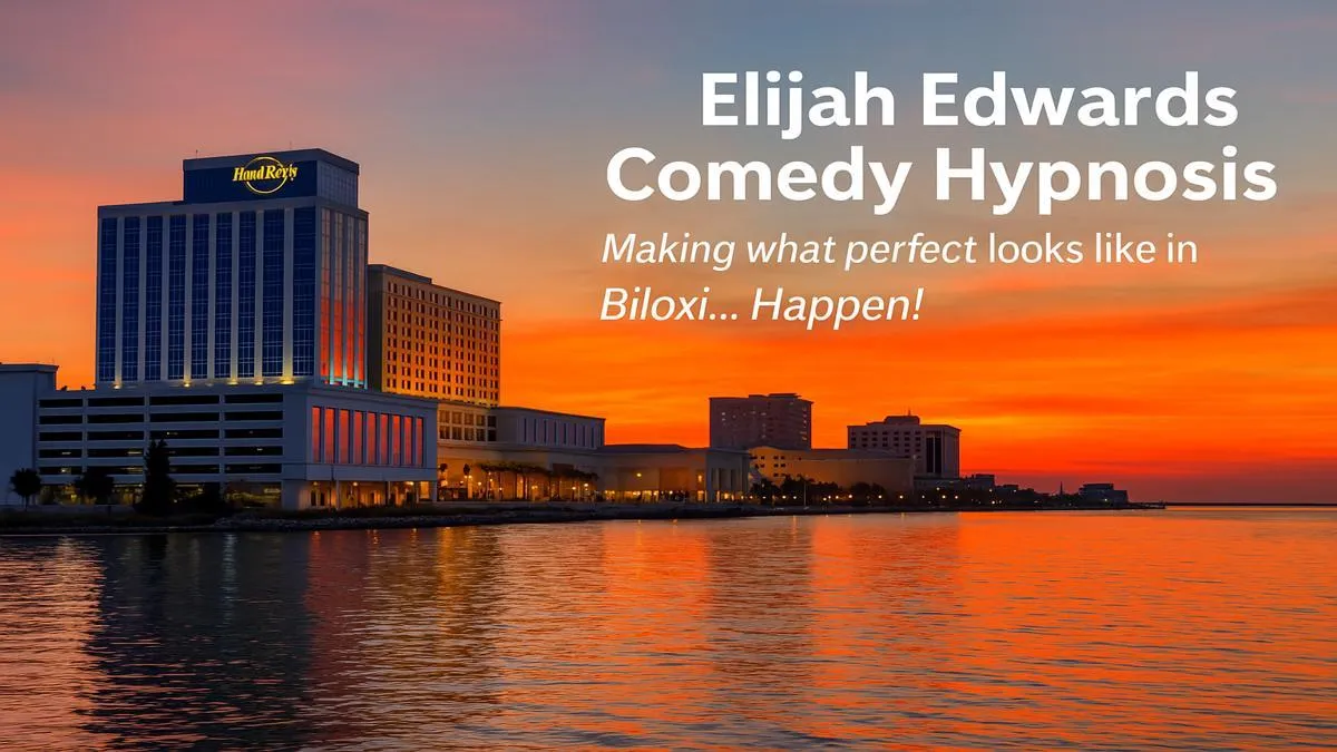 Biloxi skyline with branding for Elijah Edwards comedy hypnotist — ideal for Gulf Coast casinos, conferences, and college event SEO
