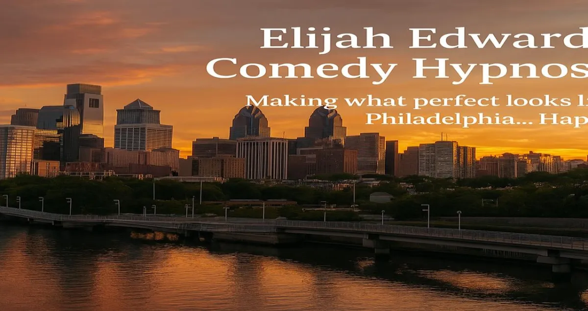 Philadelphia skyline with branding for Elijah Edwards comedy hypnotist — ideal for casinos, conferences, and college event in Philly