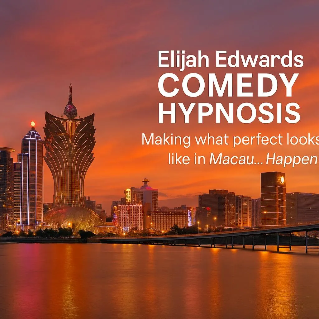 Elijah Edwards performing hypnosis comedy at a luxury Macau casino resort stage