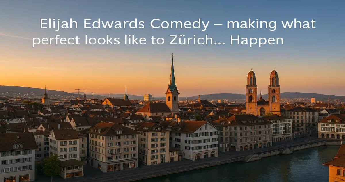 Elijah Edwards delivering a world-class clean comedy hypnosis show against Zurich city skyline background