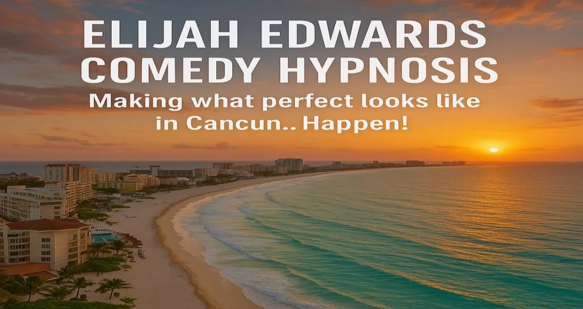 Elijah Edwards on stage at a Cancun casino with crowd volunteers laughingc