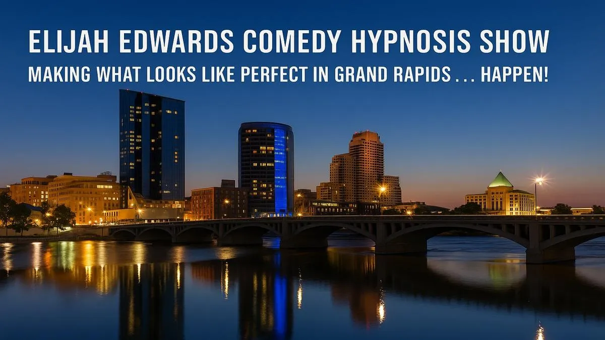 Elijah Edwards performing a clean, viral high school comedy hypnosis show for students in Grand Rapids.