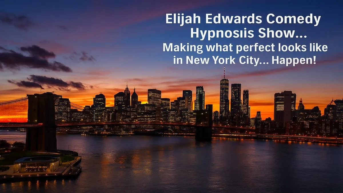 Elijah Edwards performing a viral, clean comedy hypnosis show on a Broadway theater stage in New York City.
