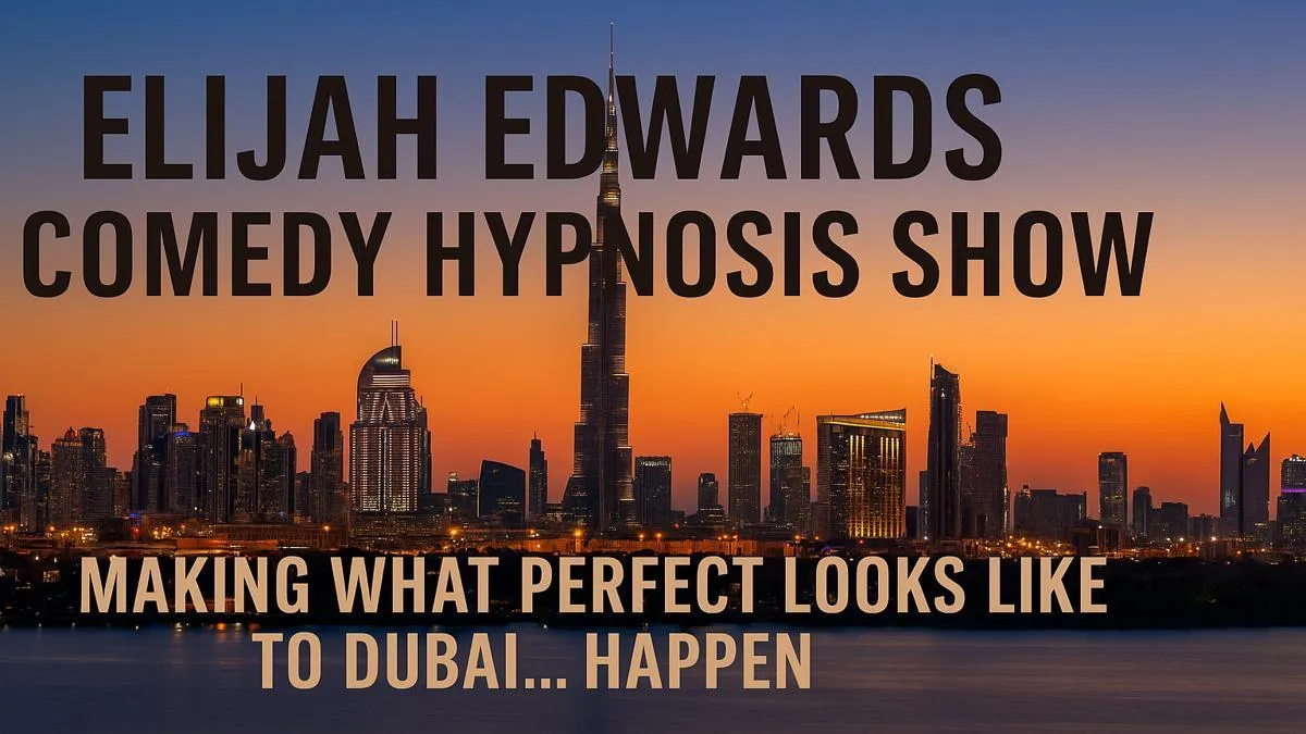 Elijah Edwards performing a clean comedy hypnosis show in a Dubai luxury conference hall with international attendees