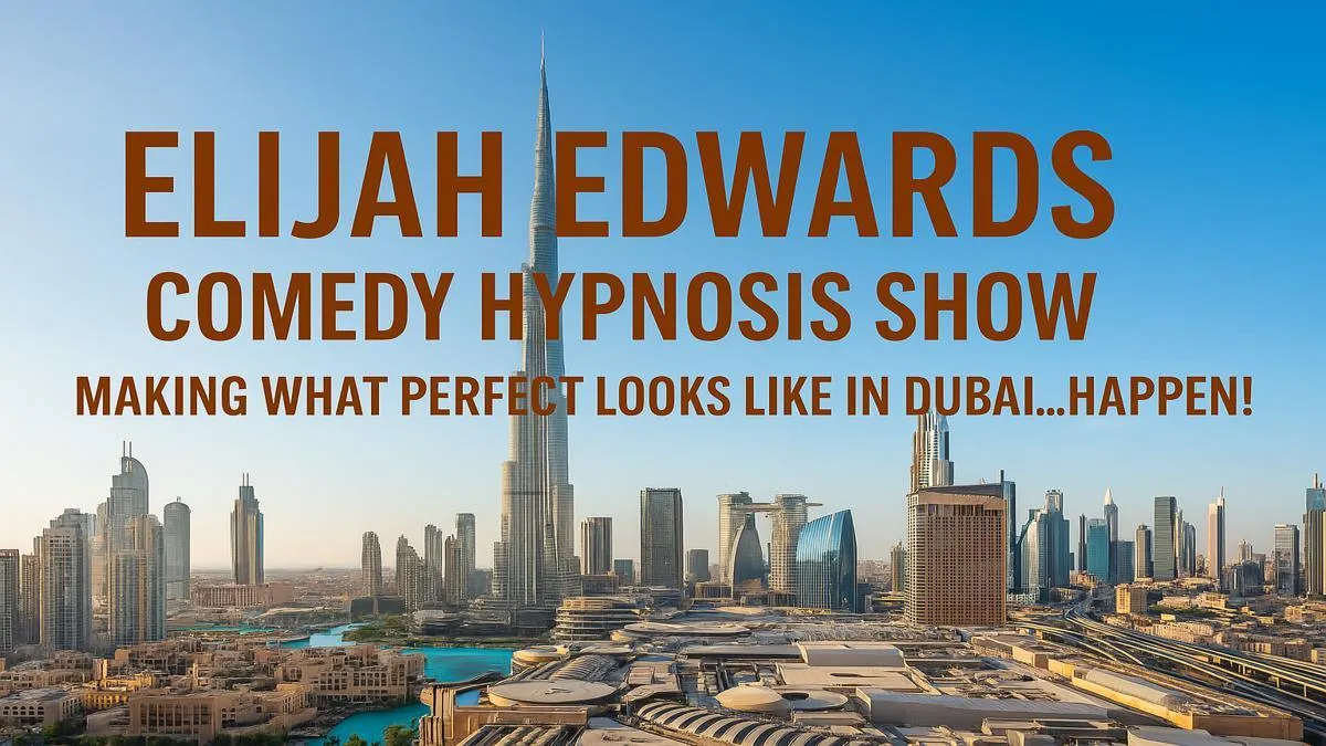 Elijah Edwards performing a clean, viral comedy hypnosis show at Dubai Opera, captivating theater audiences.