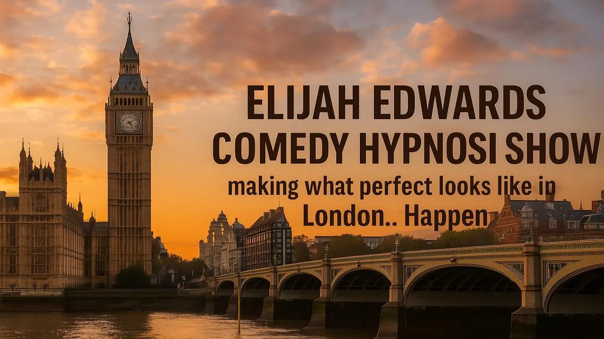 Elijah Edwards captivating a sold-out theater crowd with a clean hypnosis comedy show in central London.