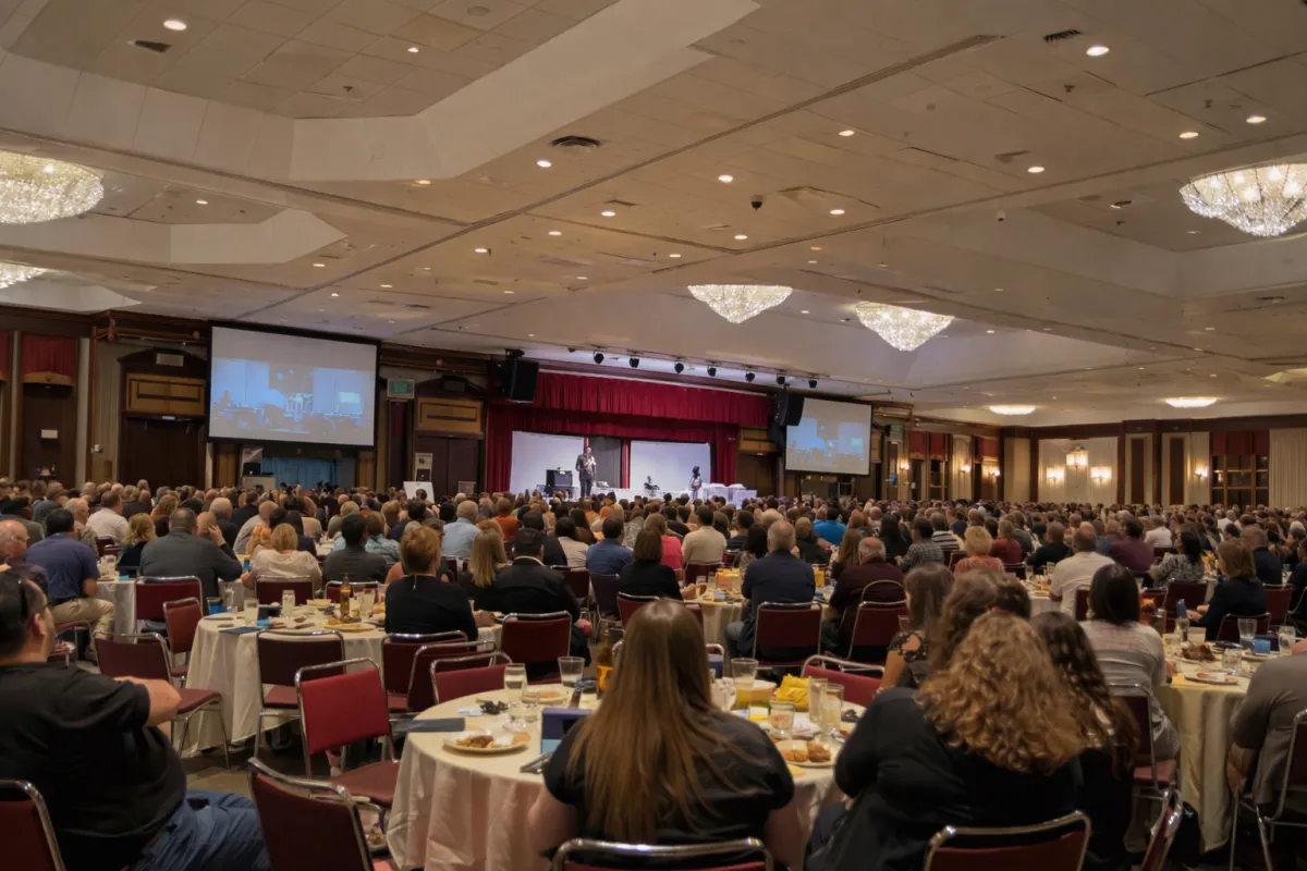 Elijah Edwards performing on stage in front of a large corporate event audience during a live show