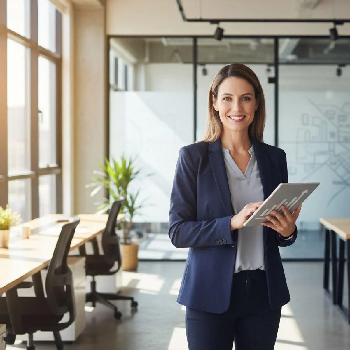 A diverse group of local business owners—contractor, wellness provider, and agency leader—stand together in a sunlit, modern workspace, smiling confidently. The background features subtle digital marketing icons, conveying growth and community.