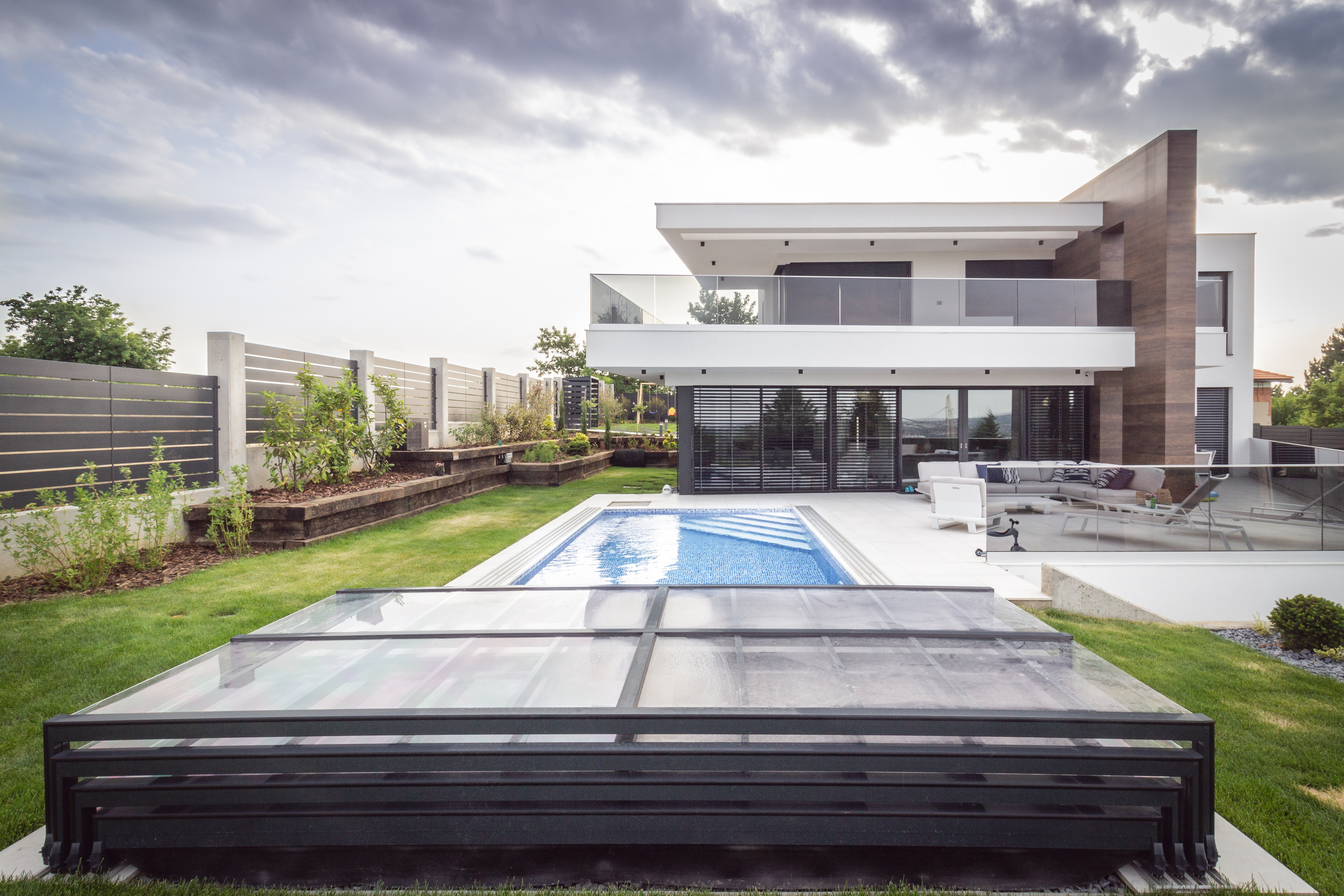 A pool with a guard sign in the middle of it