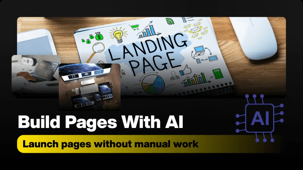 Marketer using AI page builder on laptop in workspace