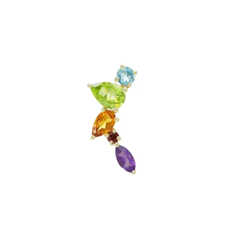 14k yellow gold crawler earrings designed with colorful gemstones in different shapes