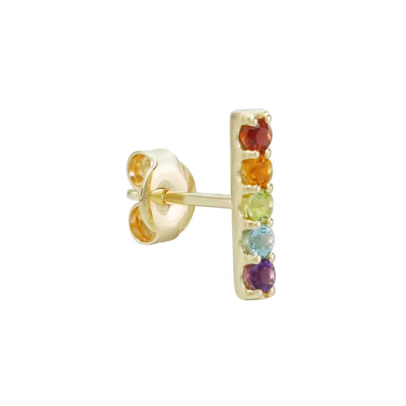 14k yellow gold bar stud earrings designed with a horizontal arrangement of colorful gemstones