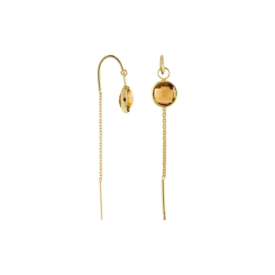 14k yellow gold string earrings designed with a round checkerboard shaped gemstone