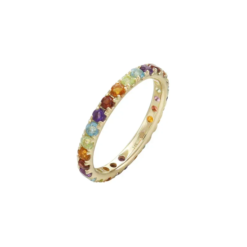 A 14k yellow gold full eternity ring designed with a continuous band of colorful gemstones