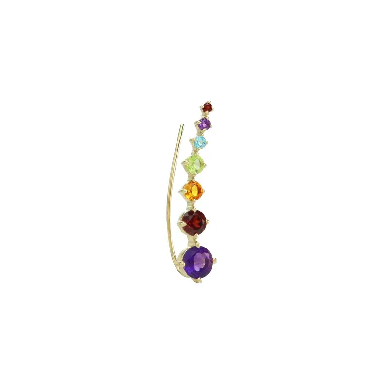 14k yellow gold crawler earrings designed with a vertical arrangement of seven colorful gemstones that gradually get bigger in size from top to bottom