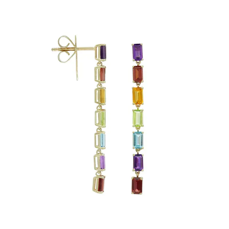 14k yellow gold dangling earrings designed with a vertical arrangement of colorful emerald-cut gemstones suspended from gold links