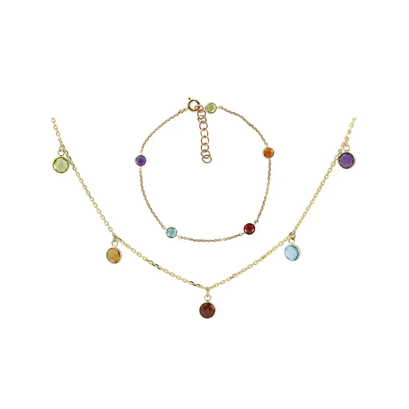 A bracelet and necklace set adorned with colorful gemstones