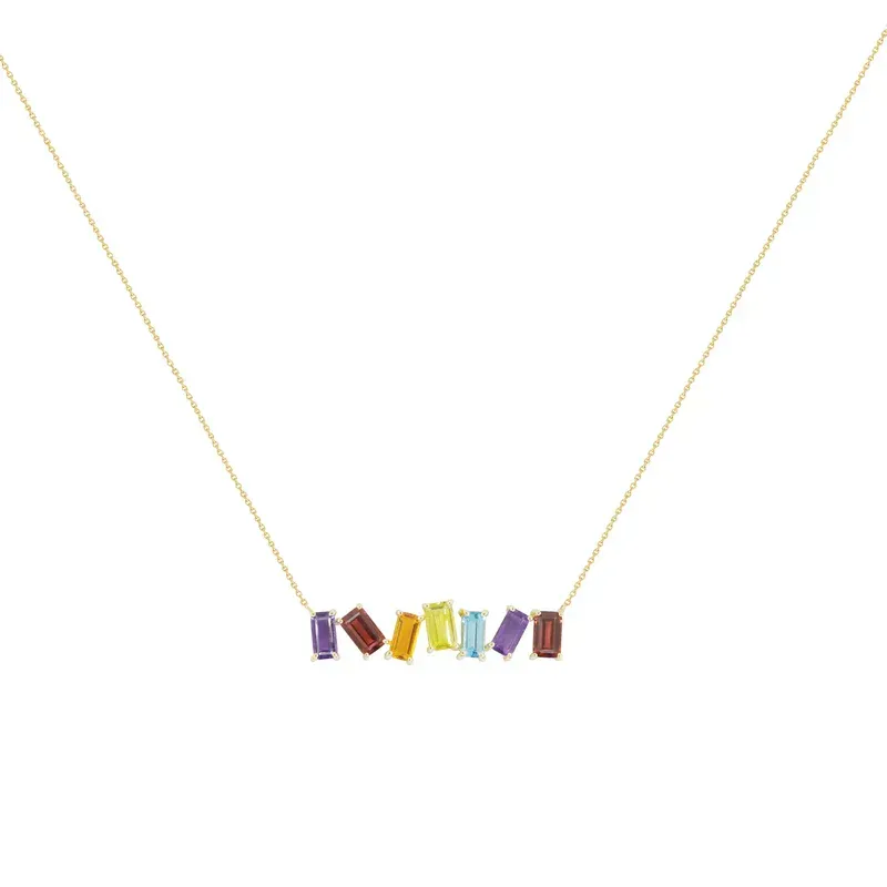 A 14k yellow gold necklace with a pendant designed with seven emerald-cut gemstones in different colors