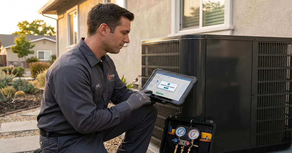 Illustration of an AI receptionist, styled as a friendly digital assistant, managing HVAC emergency calls for a San Jose business owner in a modern office setting. The background features subtle digital motifs and a hint of the San Jose skyline, all in a high-contrast, navy and electric-yellow palette.