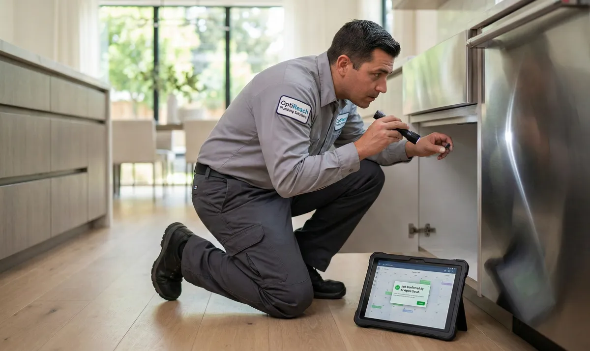 Illustration of an AI receptionist, styled as a friendly digital assistant, managing HVAC emergency calls for a San Jose business owner in a modern office setting. The background features subtle digital motifs and a hint of the San Jose skyline, all in a high-contrast, navy and electric-yellow palette.