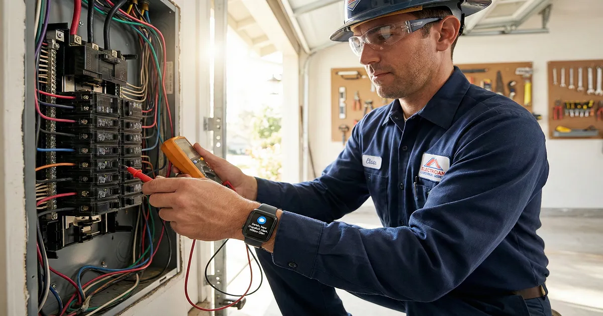 Illustration of an AI receptionist, styled as a friendly digital assistant, managing HVAC emergency calls for a San Jose business owner in a modern office setting. The background features subtle digital motifs and a hint of the San Jose skyline, all in a high-contrast, navy and electric-yellow palette.