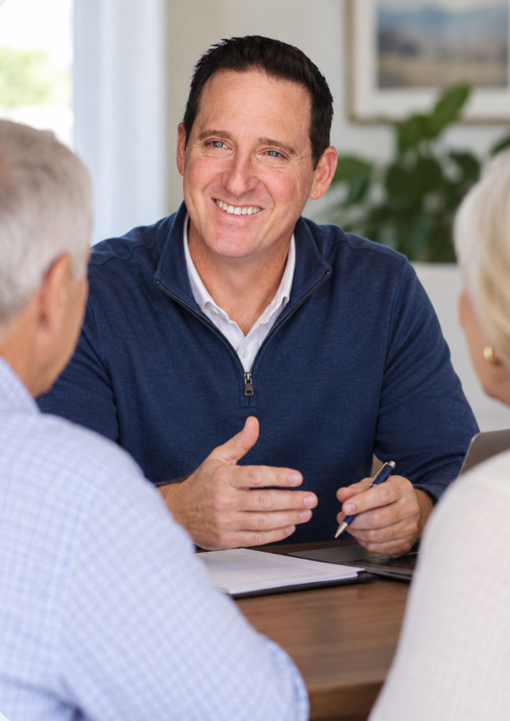 A smiling middle-aged man in a navy blue quarter-zip sweater conversing over a table with an older couple whose backs are to the camera