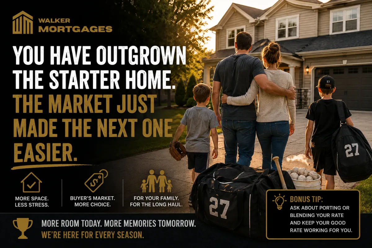 Composite move-up family loading baseball gear into a bigger family home