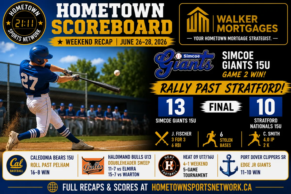 Hometown Sports Network recap, June 26 to June 28, 2026, Simcoe Giants 15U vs Stratford Nationals