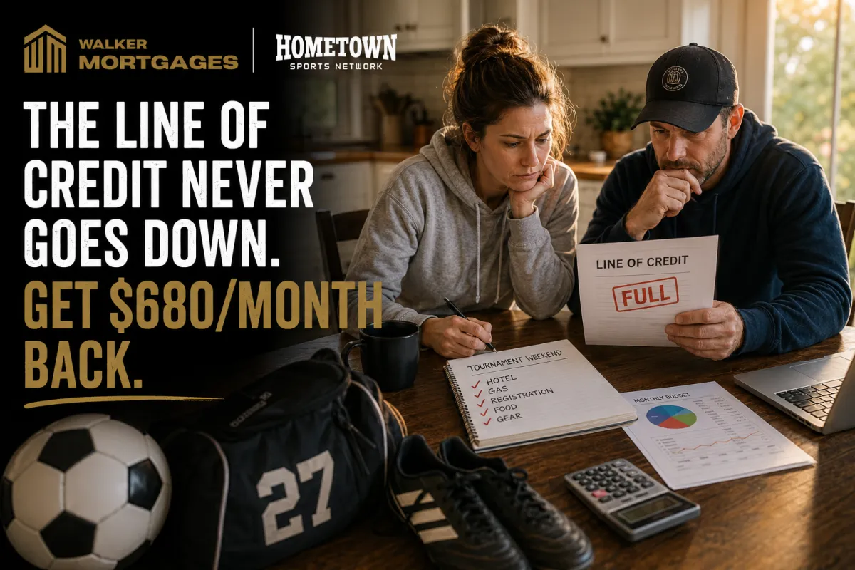 Soccer parent reviewing a rising credit card statement at the kitchen table
