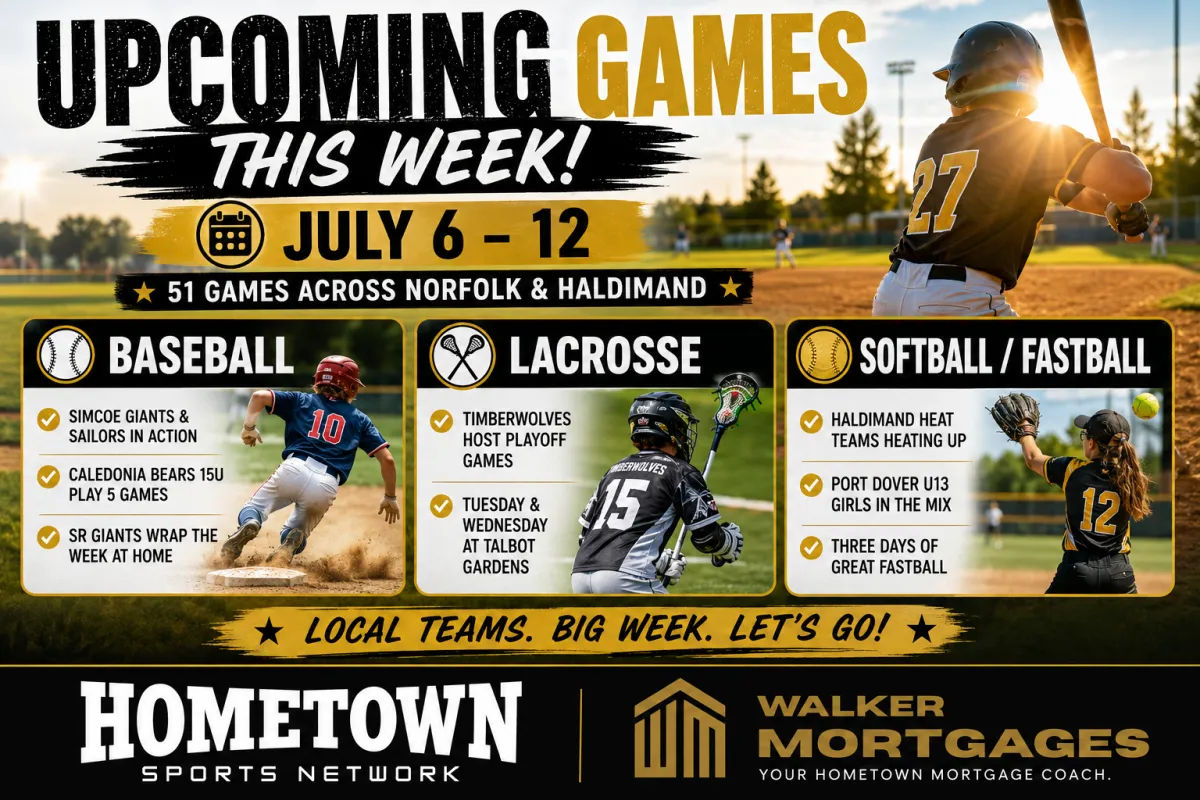 Fifty-one games across Norfolk and Haldimand this week. Box lacrosse playoffs at Talbot Gardens, a packed baseball and fastball slate, and the Simcoe SR Giants at home Sunday.
