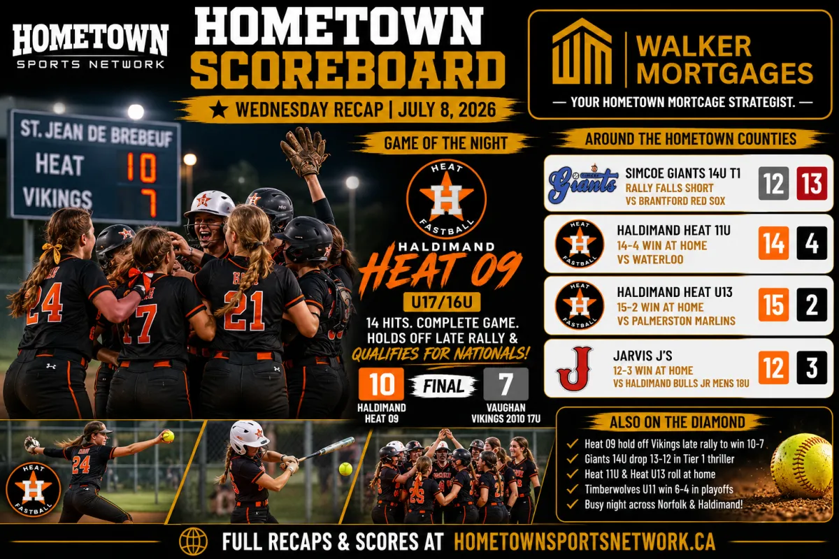 Hometown Sports Network recap, July 8, 2026, Haldimand Heat 09 vs Vikings 2010
