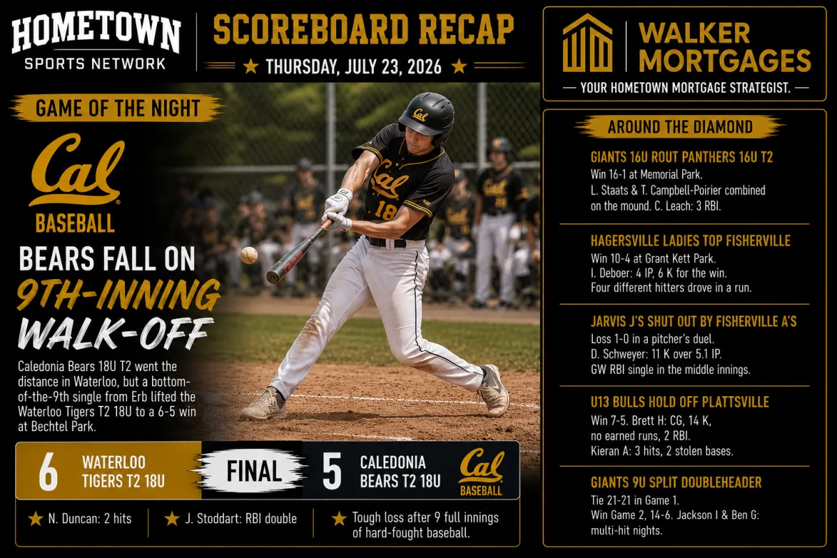 Hometown Sports Network recap, July 23, 2026, Waterloo Tigers T2 18U and Caledonia Bears 18U T2