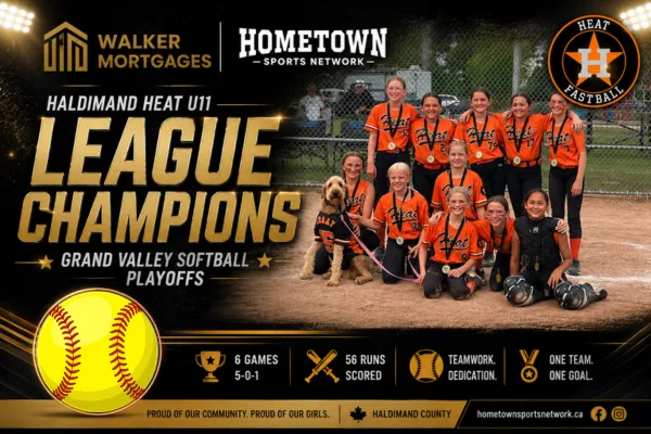 Haldimand Heat U11 softball team celebrates their Grand Valley Ladies Softball League playoff championship