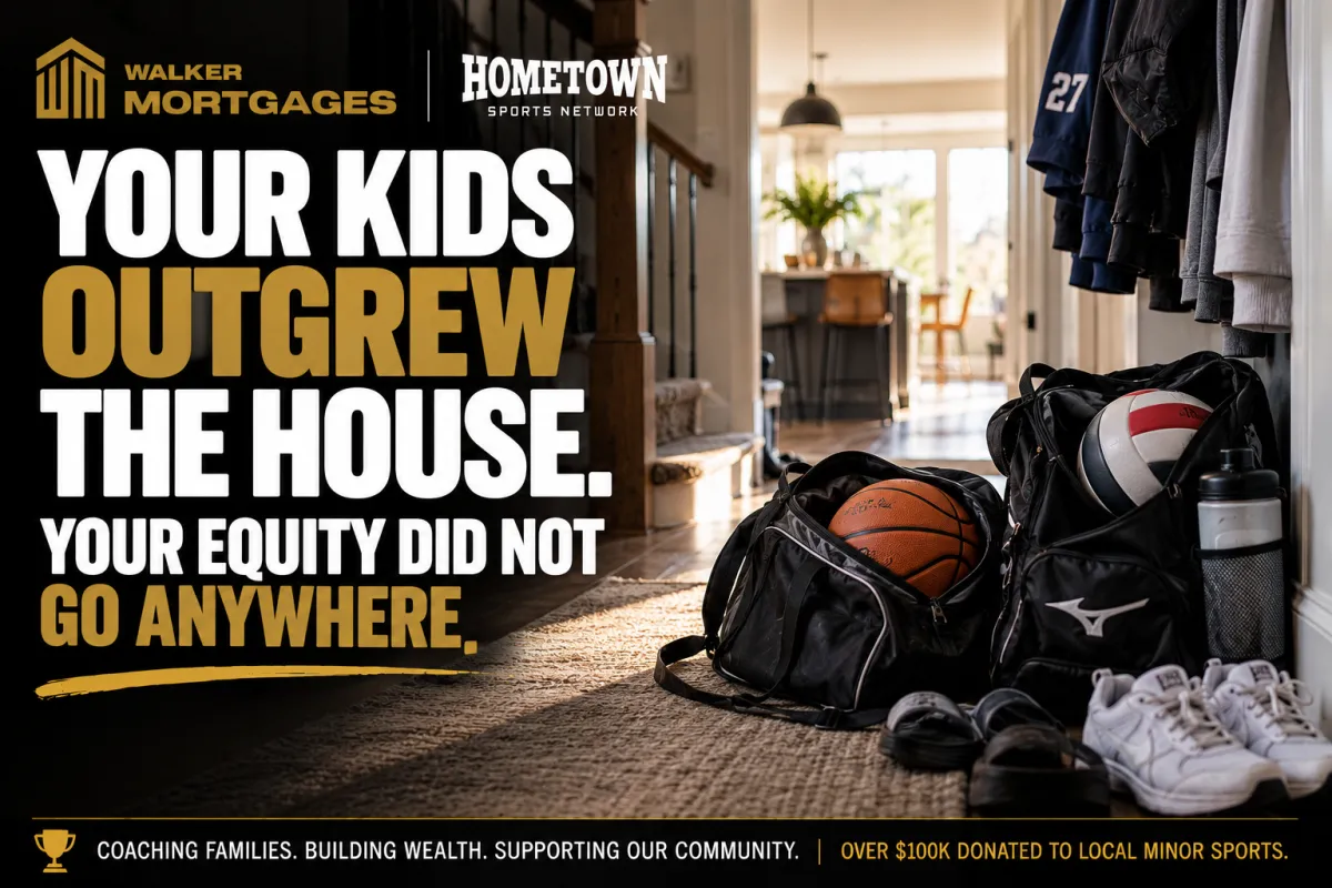 A basketball and a volleyball bag crowded in a small hallway of a family home