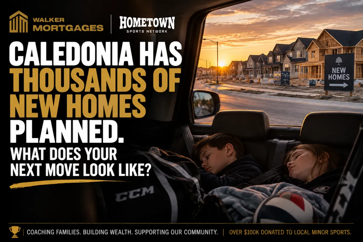 A parent driving past new homes under construction at dusk while kids sleep in the back seat after a hockey tournament