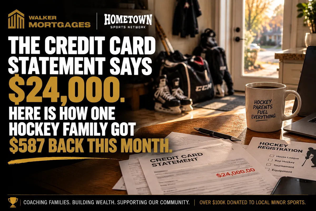 Parent at a kitchen table with a credit card statement and a hockey registration form, skates drying by the door