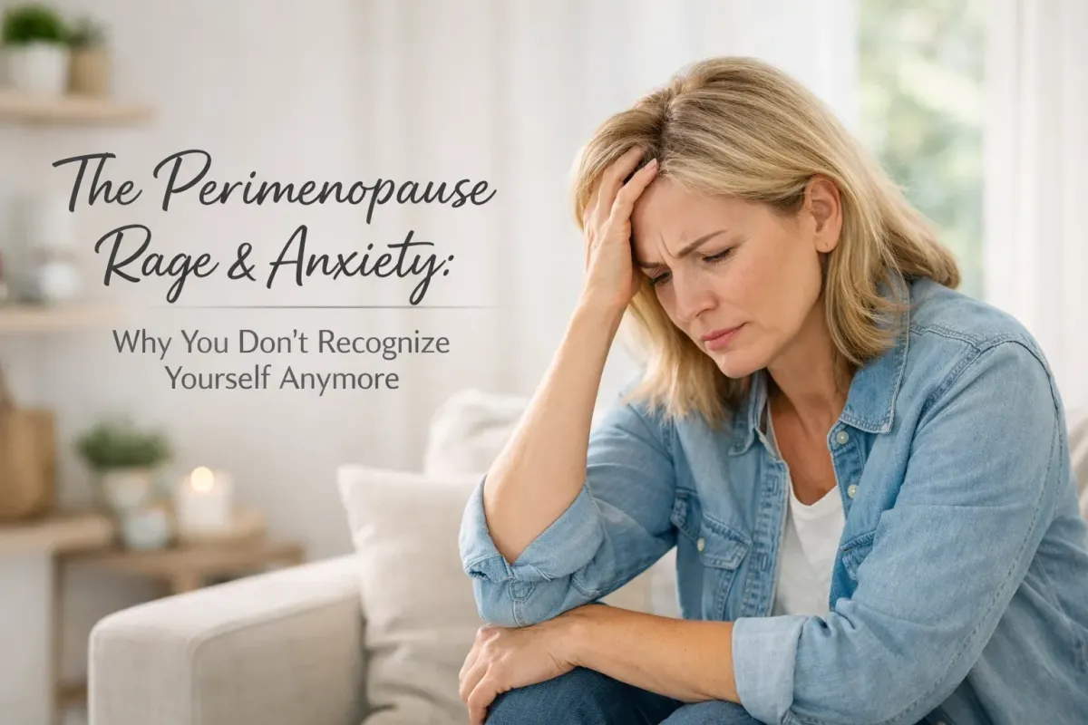 A woman looking stressed and overwhelmed, representing the emotional challenges of perimenopause rage and anxiety in midlife.