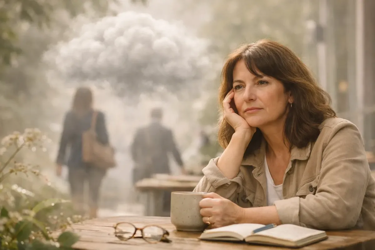 A high-achieving woman in her 40s looking confident but thoughtful in a bright, modern office space.