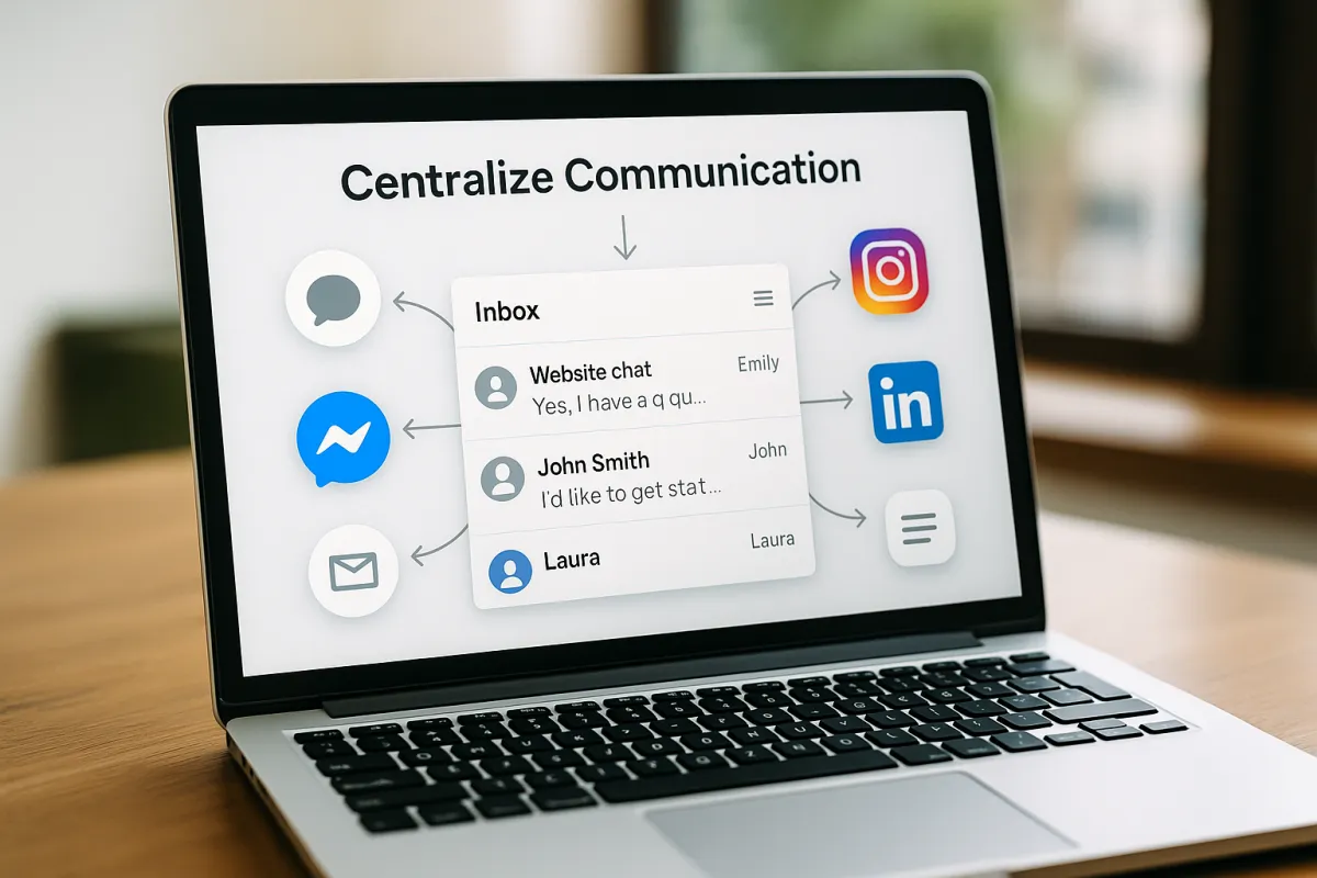Laptop showing a combined inbox with messages from website chat, Facebook, Instagram, and LinkedIn.