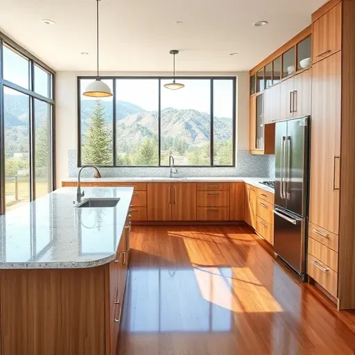 Modern renovated Holladay kitchen with sleek cabinets, granite countertops, stainless steel appliances, and natural light.