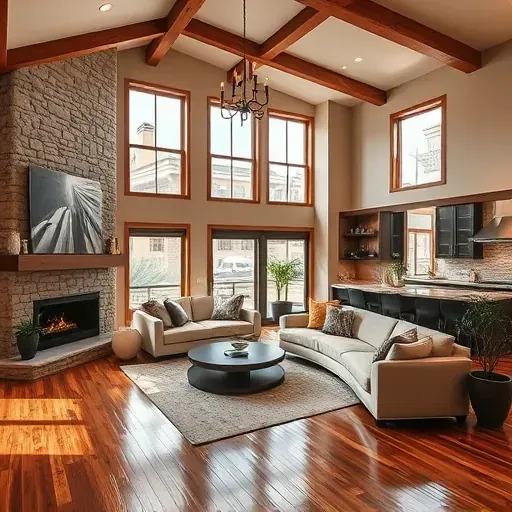 Cozy home remodel in Park City UT with high ceilings, stone fireplace, and elegant living area design.