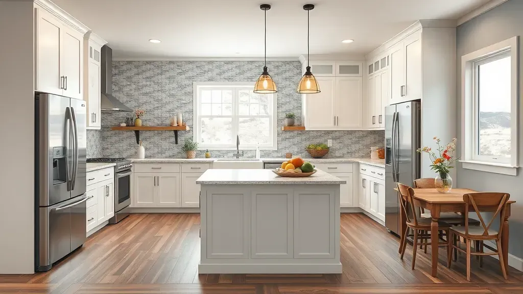 Remodeled Capitol Hill kitchen with modern wood cabinetry, polished granite countertops, stainless appliances, and mountain views.
