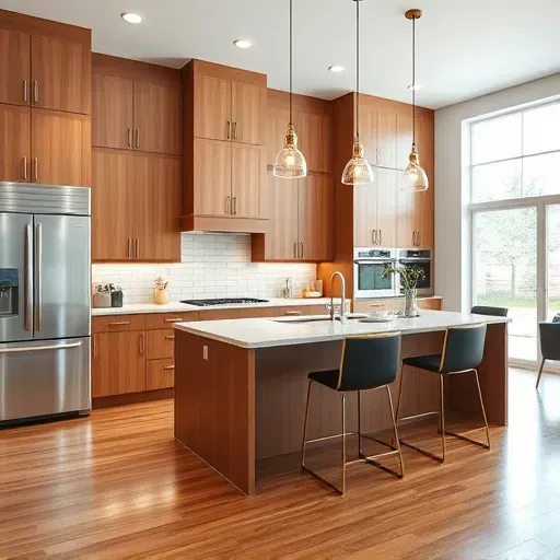Finished Herriman, UT kitchen with modern wood-tone cabinets, stainless steel appliances, granite island, and large windows.
