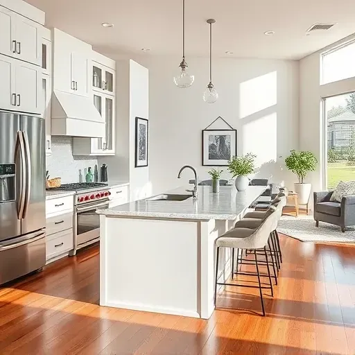 Beautifully remodeled kitchen with sleek stainless steel appliances, white cabinetry, and polished marble island in a stylish home.