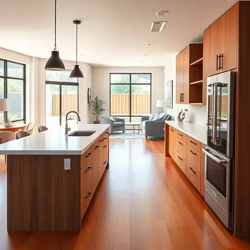 Modern remodeled Murray Utah kitchen with warm wood cabinets, matte black hardware, quartz island, stainless appliances, hardwood flooring